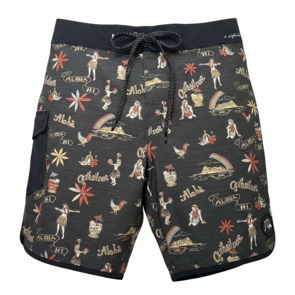 Quiksilver Highline Board Shorts 34 Aloha Hawaii Hula Girl Tiki Swim Trunk Black